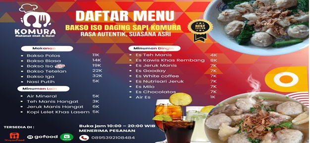 Poster Daftar Menu Bakso ISO Daging Sapi Komura